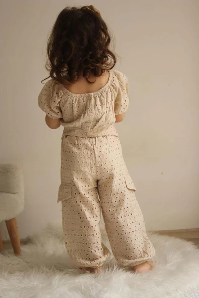 KIZ ÇOCUK KISA KOL KARGO CEPLİ PANTOLON TAKIM - 3