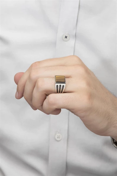 Kare Kaplan Gözü Taşlı 925 Gümüş Erkek Yüzük - Resim 4