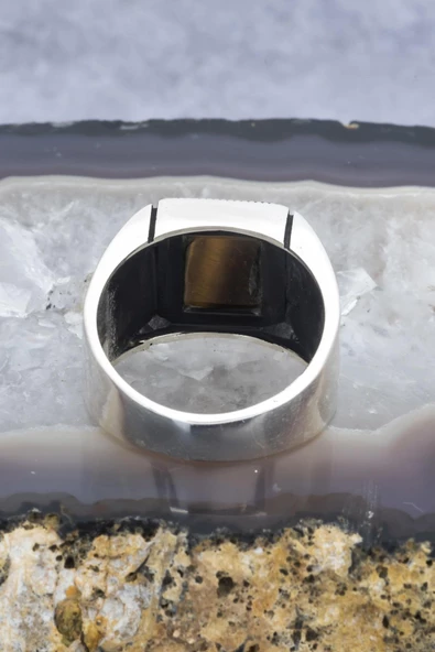 Kare Kaplan Gözü Taşlı 925 Gümüş Erkek Yüzük - Resim 8