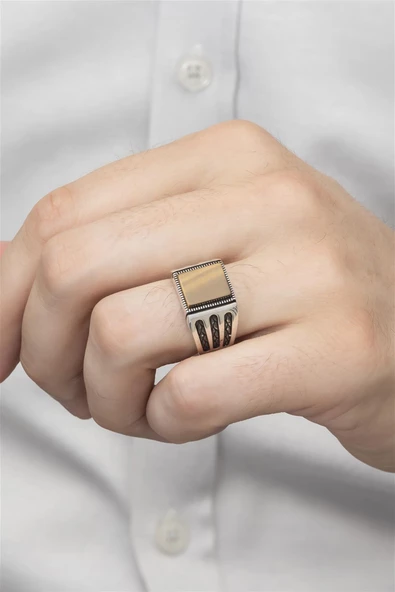 Kare Kaplan Gözü Taşlı 925 Gümüş Erkek Yüzük - Resim 3