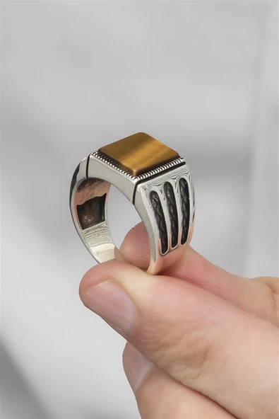 Kare Kaplan Gözü Taşlı 925 Gümüş Erkek Yüzük - Resim 6