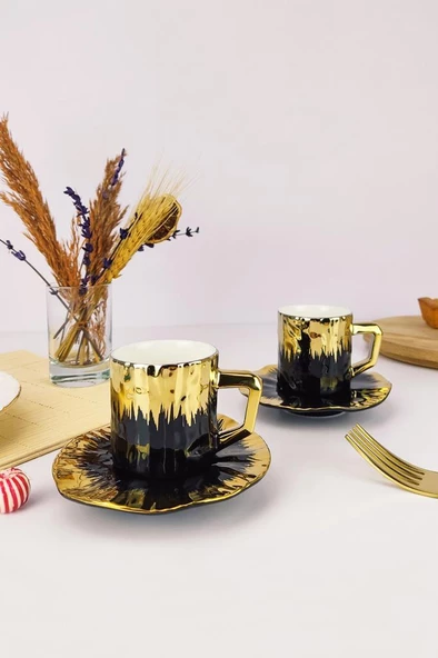 Digithome Kosova Porselen 6’lı Kahve Fincan Takımı Siyah Gold - KGP-095 C320.049 - Resim 3