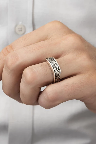 Kalem Oyma İşleme Motifli Taşsız 925 Gümüş Erkek Yüzük - Resim 3