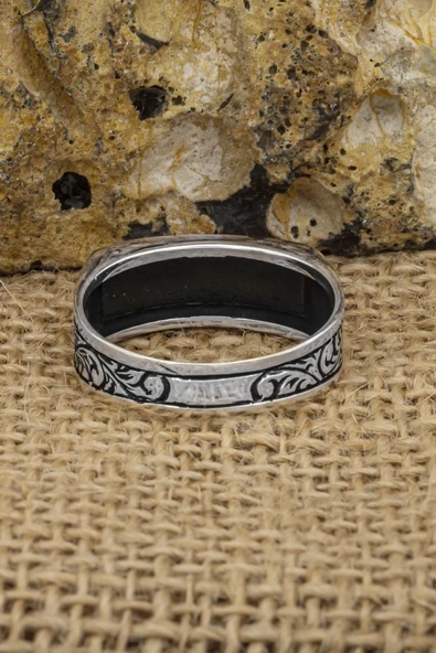 Kalem Oyma İşleme Motifli Taşsız 925 Gümüş Erkek Yüzük - Resim 8
