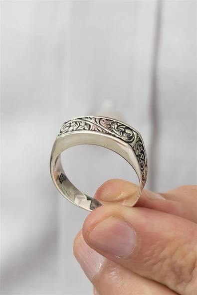 Kalem Oyma İşleme Motifli Taşsız 925 Gümüş Erkek Yüzük - Resim 5