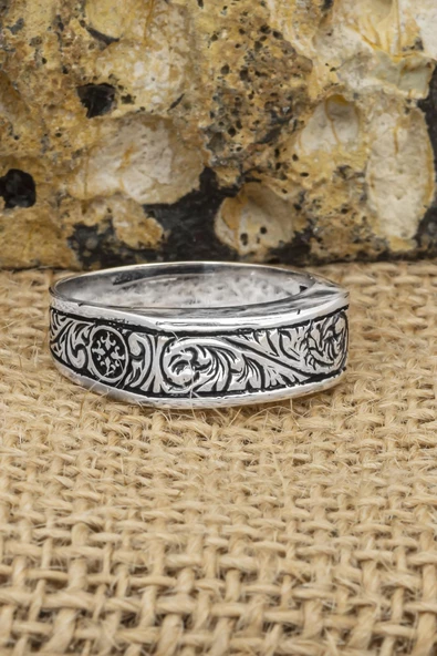 Kalem Oyma İşleme Motifli Taşsız 925 Gümüş Erkek Yüzük - Resim 7