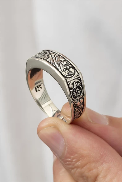 Kalem Oyma İşleme Motifli Taşsız 925 Gümüş Erkek Yüzük - Resim 6