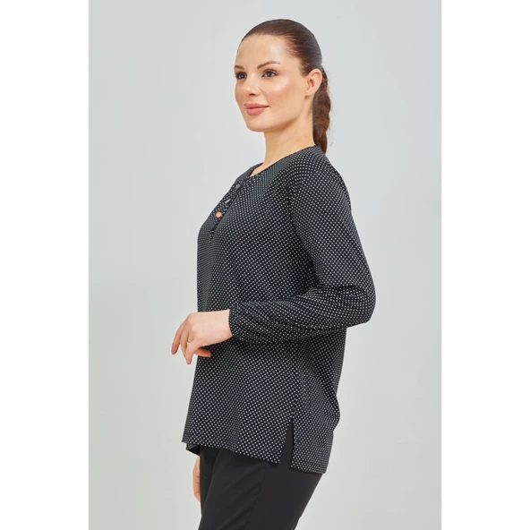 Kadın Siyah Kolu Lastikli  Puantiyeli  Likralı Anne Penye Bluz - 3