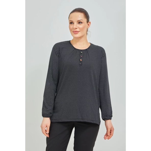 Kadın Siyah Kolu Lastikli  Puantiyeli  Likralı Anne Penye Bluz - 2