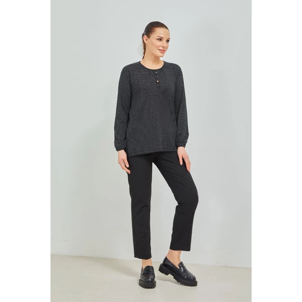 Kadın Siyah Kolu Lastikli Puantiyeli Likralı Anne Penye Bluz - 6