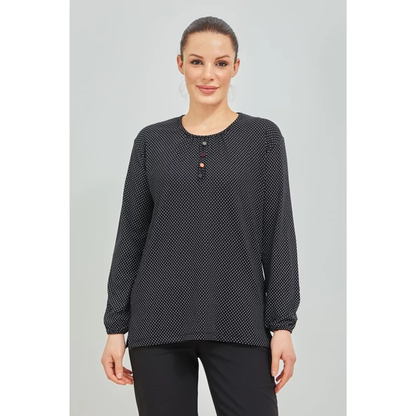 Kadın Siyah Kolu Lastikli Puantiyeli Likralı Anne Penye Bluz