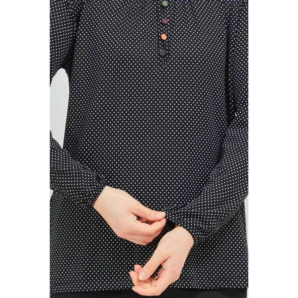 Kadın Siyah Kolu Lastikli Puantiyeli Likralı Anne Penye Bluz - 5