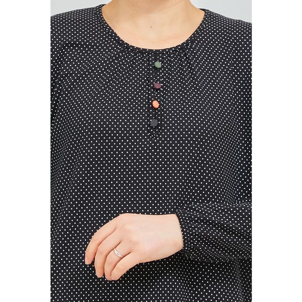 Kadın Siyah Kolu Lastikli Puantiyeli Likralı Anne Penye Bluz - 4