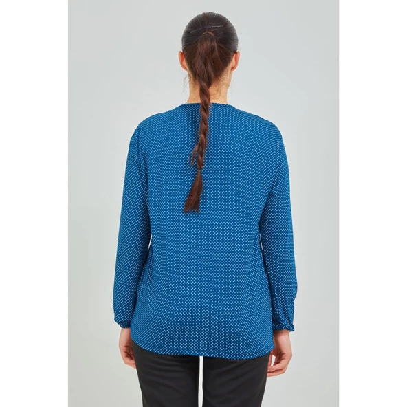 Kadın Mavi Kolu Lastikli Puantiyeli Likralı Anne Penye Bluz - 7