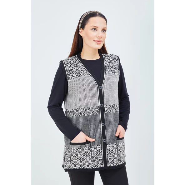 Kadın Siyah Beyaz  Desenli Triko Düğmeli Cepli Kışlık Anne Yeleği - 3