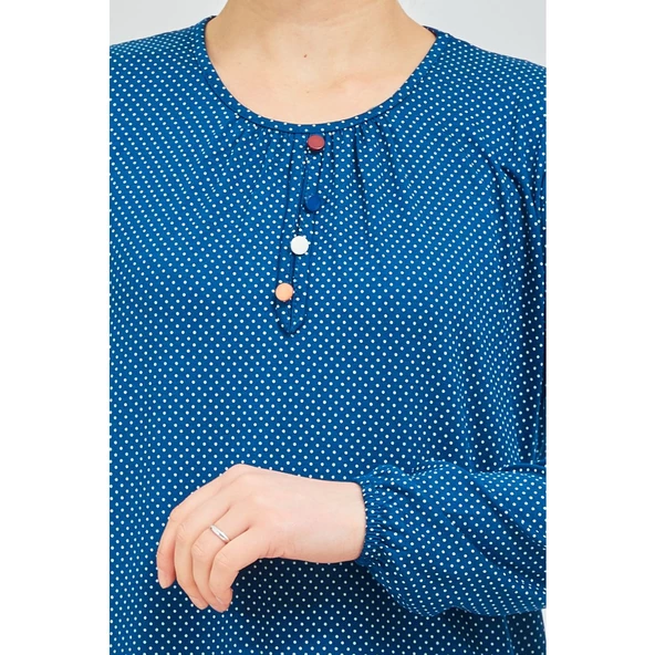 Kadın Mavi Kolu Lastikli Puantiyeli Likralı Anne Penye Bluz - 5