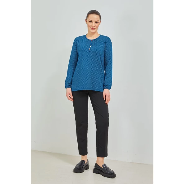 Kadın Mavi Kolu Lastikli Puantiyeli Likralı Anne Penye Bluz - 6