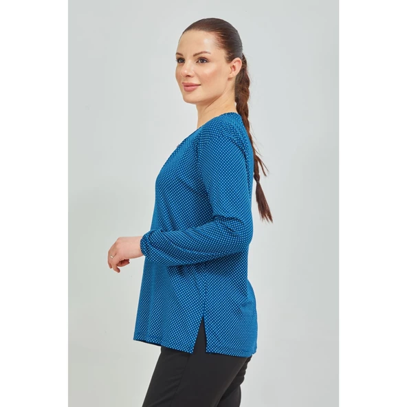 Kadın Mavi Kolu Lastikli Puantiyeli Likralı Anne Penye Bluz - 3