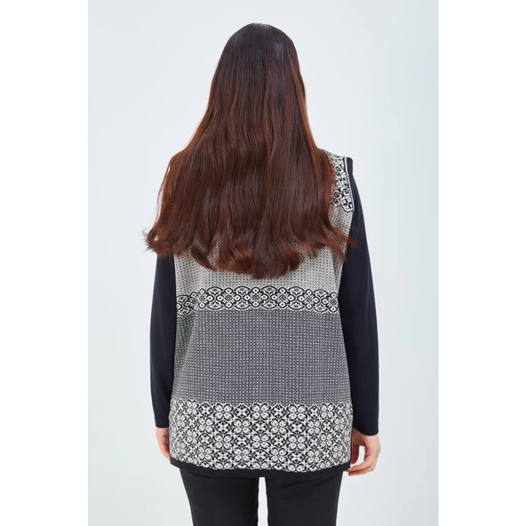 Kadın Siyah Beyaz  Desenli Triko Düğmeli Cepli Kışlık Anne Yeleği - 8