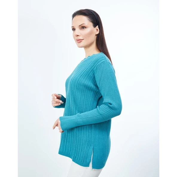 Kadın Mavi Triko V Yaka Kışlık Anne Esnek Kazak - 2