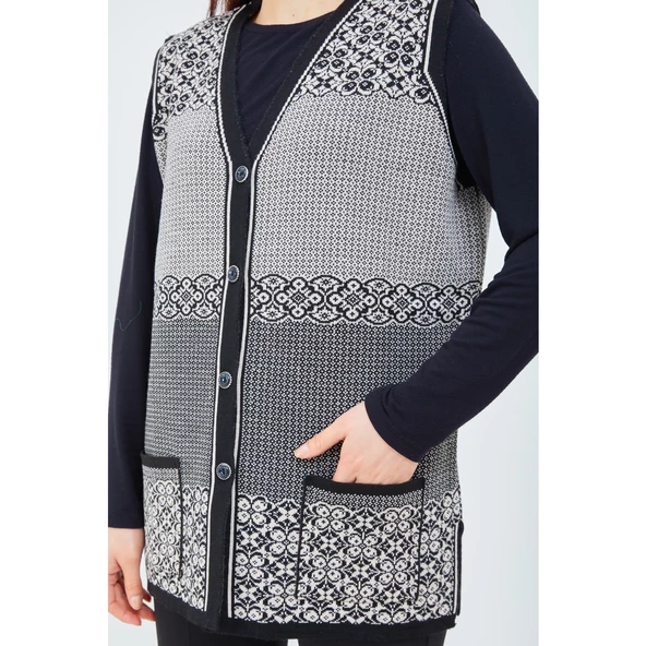 Kadın Siyah Beyaz  Desenli Triko Düğmeli Cepli Kışlık Anne Yeleği - 7