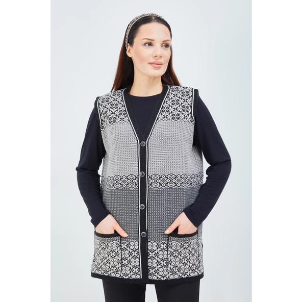Kadın Siyah Beyaz  Desenli Triko Düğmeli Cepli Kışlık Anne Yeleği - 2