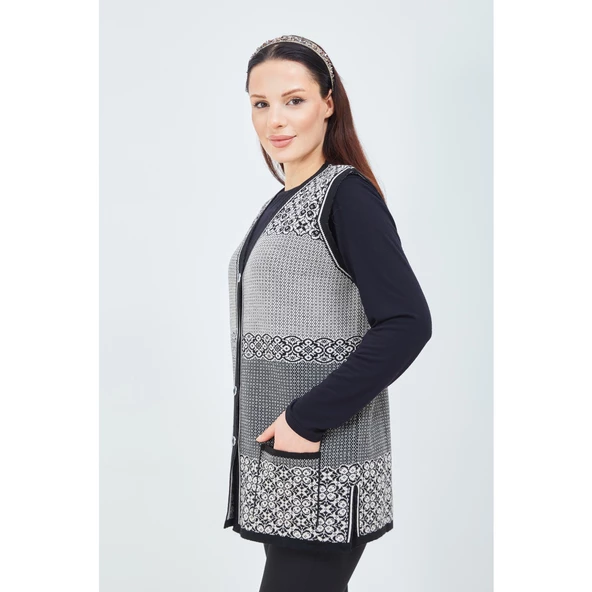 Kadın Siyah Beyaz  Desenli Triko Düğmeli Cepli Kışlık Anne Yeleği - 5