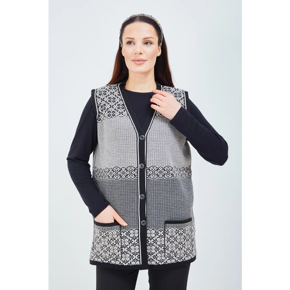 Kadın Siyah Beyaz  Desenli Triko Düğmeli Cepli Kışlık Anne Yeleği - 4