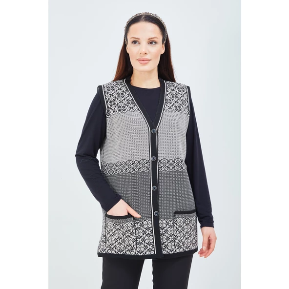 Kadın Siyah Beyaz  Desenli Triko Düğmeli Cepli Kışlık Anne Yeleği - 6
