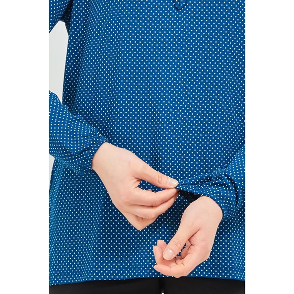 Kadın Mavi Kolu Lastikli Puantiyeli Likralı Anne Penye Bluz - 4