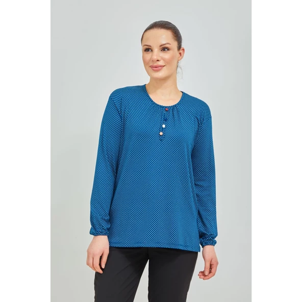 Kadın Mavi Kolu Lastikli Puantiyeli Likralı Anne Penye Bluz - 2