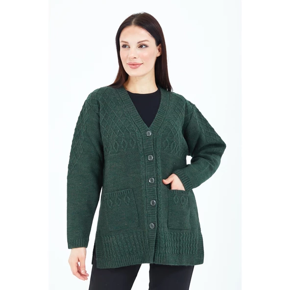 Kadın Haki Yeşil V Yaka Düğmeli Cepli Örgü Yün Anne Triko Kısa Hırka - 7