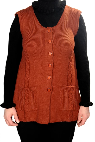 Kadın Krem Yuvarlak Yaka Cepli Düğmeli Yün Yelek - 5