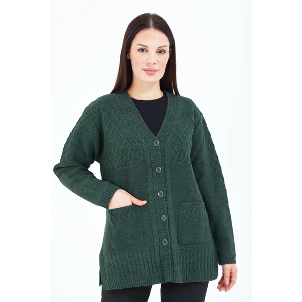 Kadın Haki Yeşil V Yaka Düğmeli Cepli Örgü Yün Anne Triko Kısa Hırka - 4