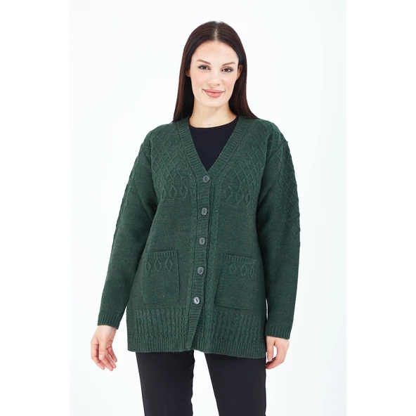 Kadın Haki Yeşil V Yaka Düğmeli Cepli Örgü Yün Anne Triko Kısa Hırka - 8