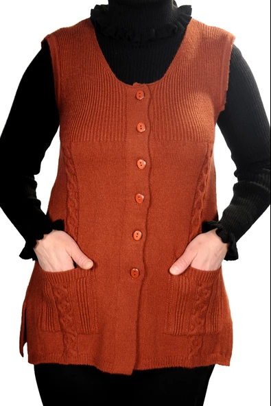 Kadın Krem Yuvarlak Yaka Cepli Düğmeli Yün Yelek - 4