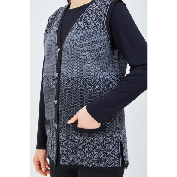 Kadın Siyah Gri Desenli Triko Düğmeli Cepli Kışlık Anne Yeleği - 8
