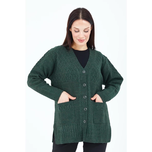 Kadın Haki Yeşil V Yaka Düğmeli Cepli Örgü Yün Anne Triko Kısa Hırka - 2