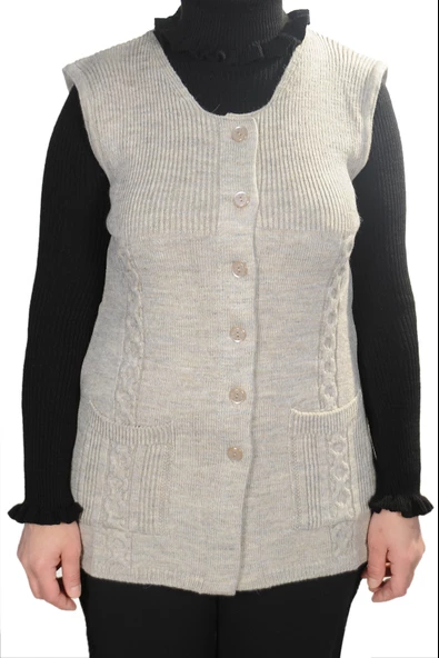 Kadın Krem Yuvarlak Yaka Cepli Düğmeli Yün Yelek - 2