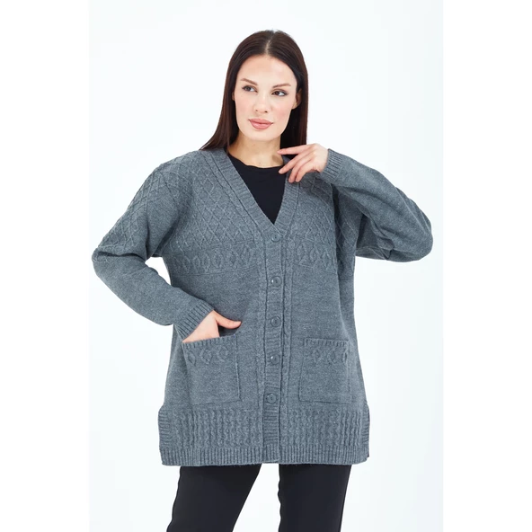 Kadın Gri V Yaka Düğmeli Cepli Örgü Yün Anne Triko Kısa Hırka - 6