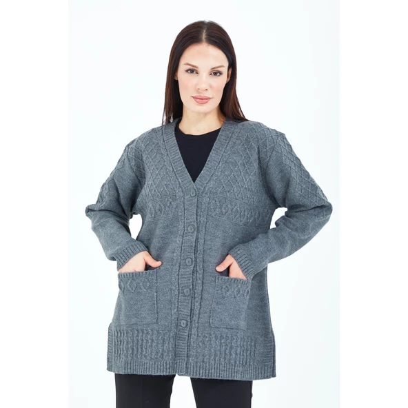 Kadın Gri V Yaka Düğmeli Cepli Örgü Yün Anne Triko Kısa Hırka - 2