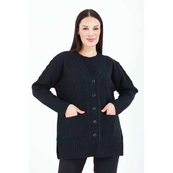 Kadın V Yaka Siyah Düğmeli Cepli Örgü Yün Anne Triko Kısa Hırka - 2