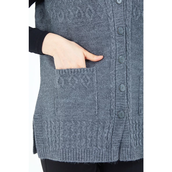 Kadın Gri V Yaka Düğmeli Cepli Örgü Yün Anne Triko Yelek - 8