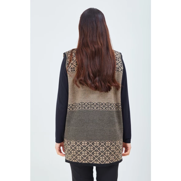 Kadın Vizon Desenli Triko Düğmeli Cepli Kışlık Anne Yeleği - 8