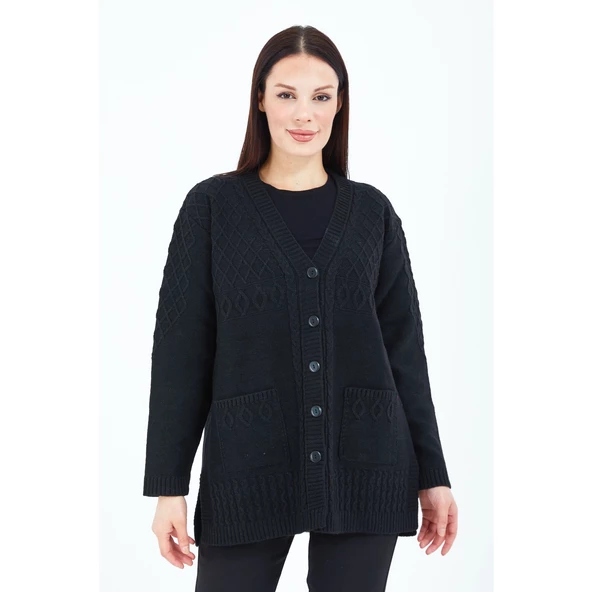 Kadın V Yaka Siyah Düğmeli Cepli Örgü Yün Anne Triko Kısa Hırka - 7