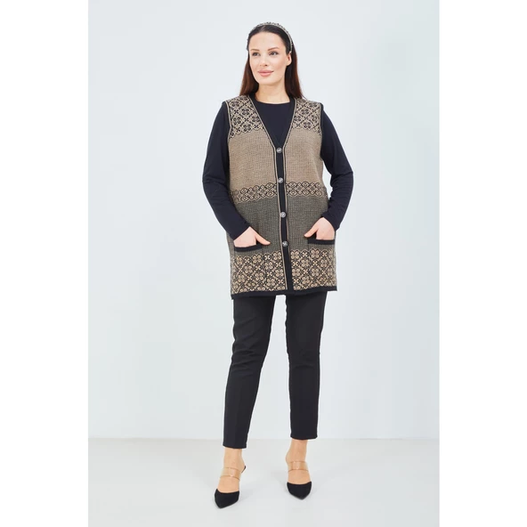 Kadın Vizon Desenli Triko Düğmeli Cepli Kışlık Anne Yeleği - 6