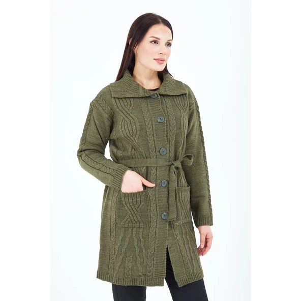 Kadın Haki Yeşil Yakalı Düğmeli Cepli Kuşaklı Örme Triko Yün Uzun Hırka - 7