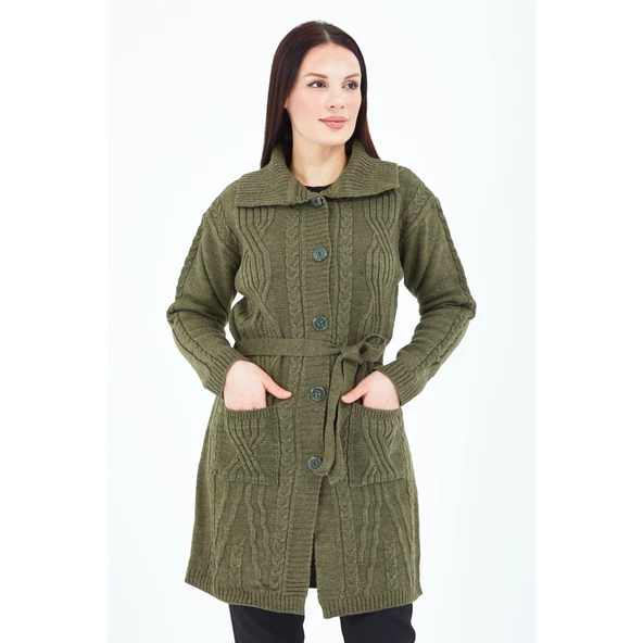 Kadın Haki Yeşil Yakalı Düğmeli Cepli Kuşaklı Örme Triko Yün Uzun Hırka - 2