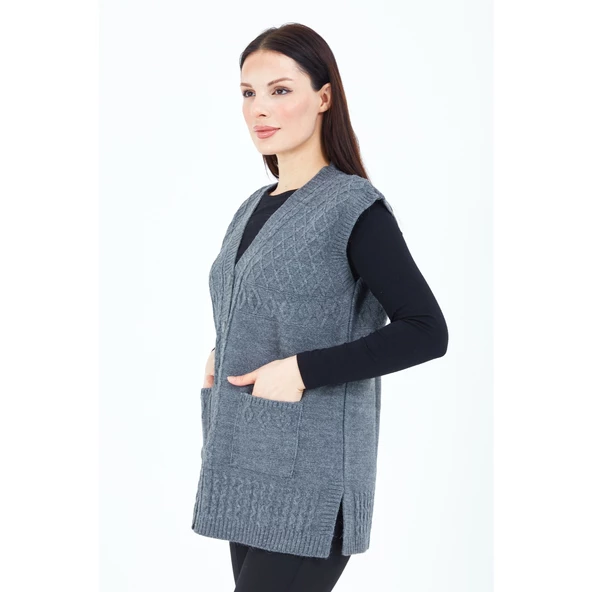 Kadın Gri V Yaka Düğmeli Cepli Örgü Yün Anne Triko Yelek - 3