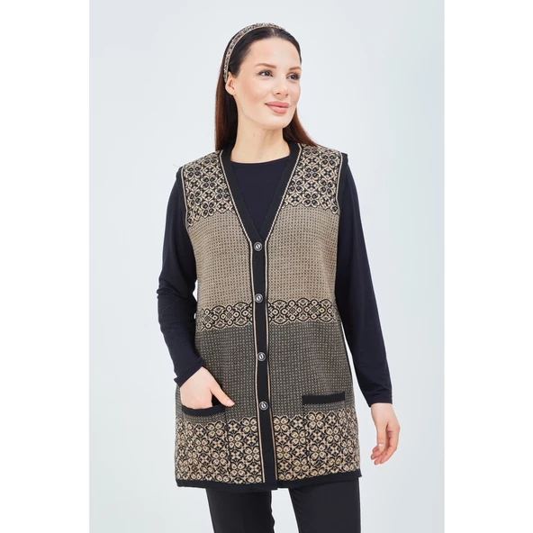 Kadın Vizon Desenli Triko Düğmeli Cepli Kışlık Anne Yeleği - 3